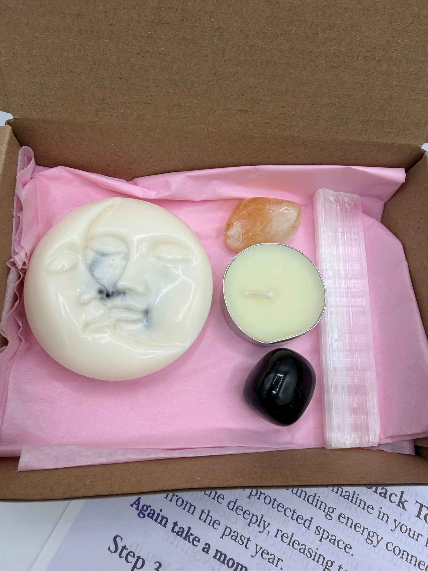 Tealight candle, Wax melt and tumbled stones and selenite stick in a box with pink tissue paper