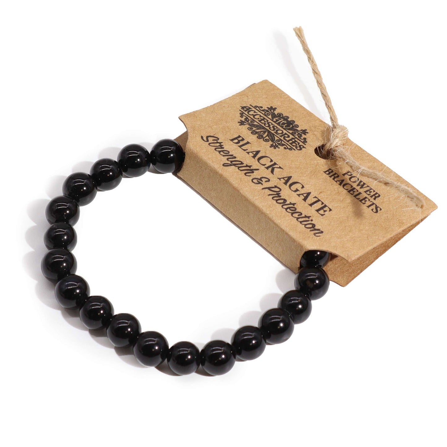 Black agate bracelet on a white background with a branded tag.