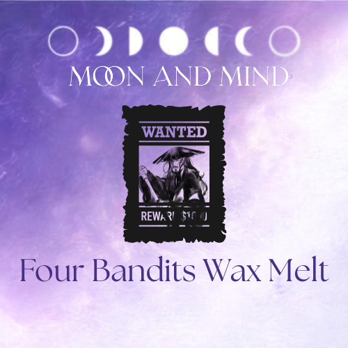 Wax melt packaging with 'Moon and Mind' branding and a wanted poster design on a purple gradient background.