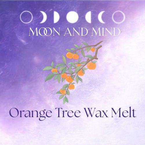 Orange Tree Wax Melt packaging with moon phases and orange tree branch on a purple gradient background