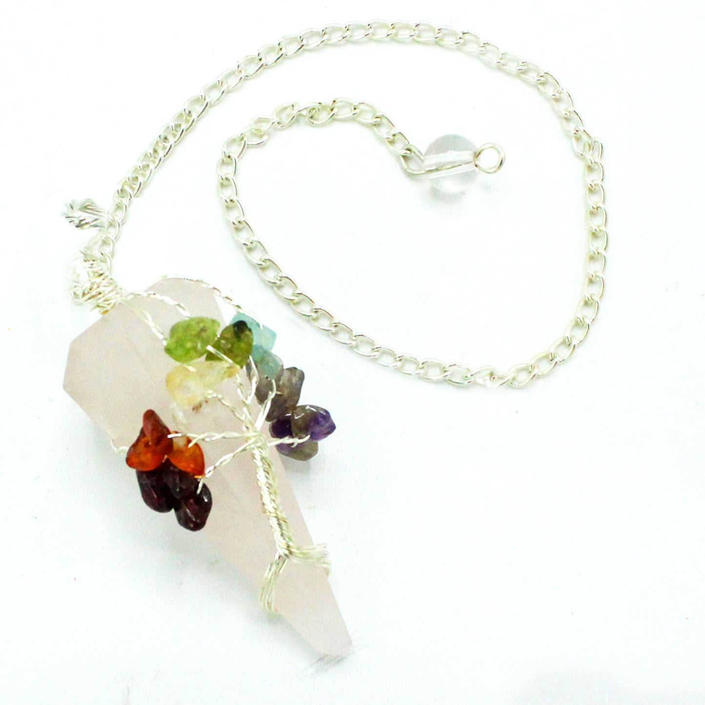 π Seven Chakra Rose Quartz Crystal Pendulum