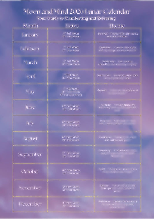 Moon and Mind 2026 lunar calendar with dates and themes on a gradient purple background