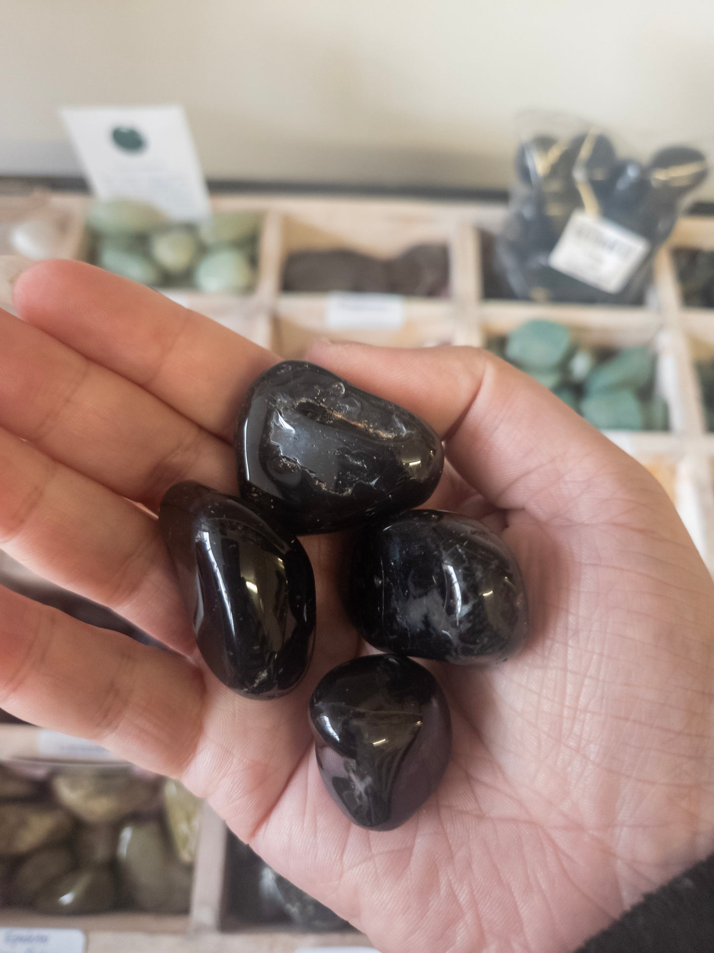 Hand holding four Onyx stones with a display of more stones in the background