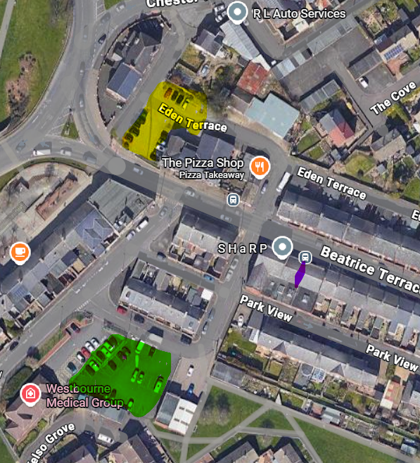 Aerial view of local area around our store. Car park locations highlighted.