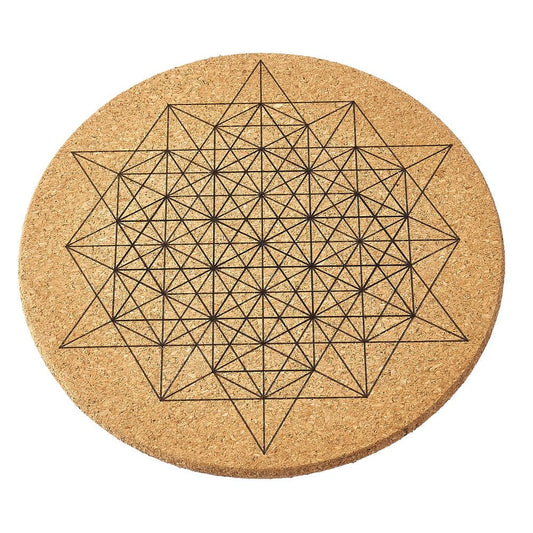 Round cork crystal grid with geometric star pattern on a white background