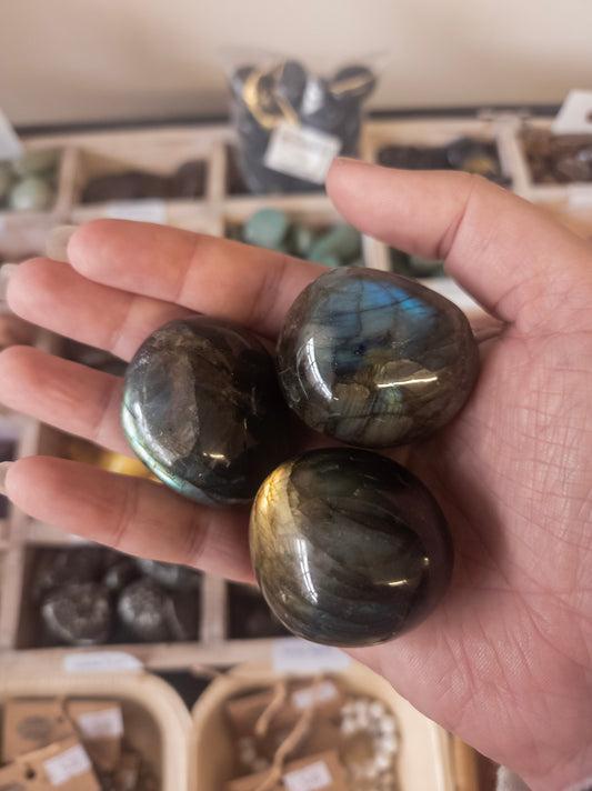 Hand holding three polished Labradorite stones with a blurred background of more stones.