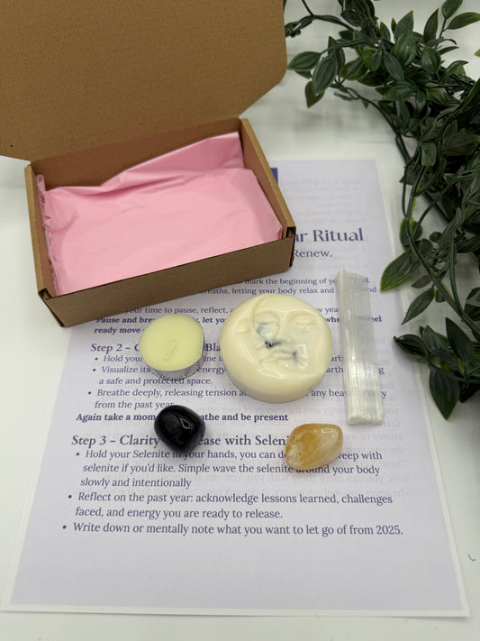 Selenite stick, Citrine tumble stone, Black Tourmaline tumble stone.With wax melt next to box