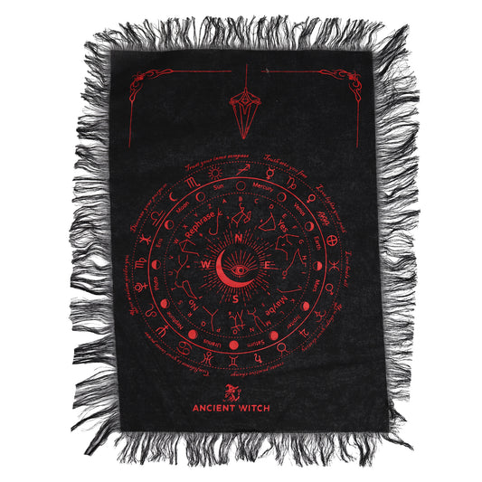 Black Pendulum Divination Cloth with red All Seeing Eye and celestial symbols and 'Ancient Witch' branding on a white background