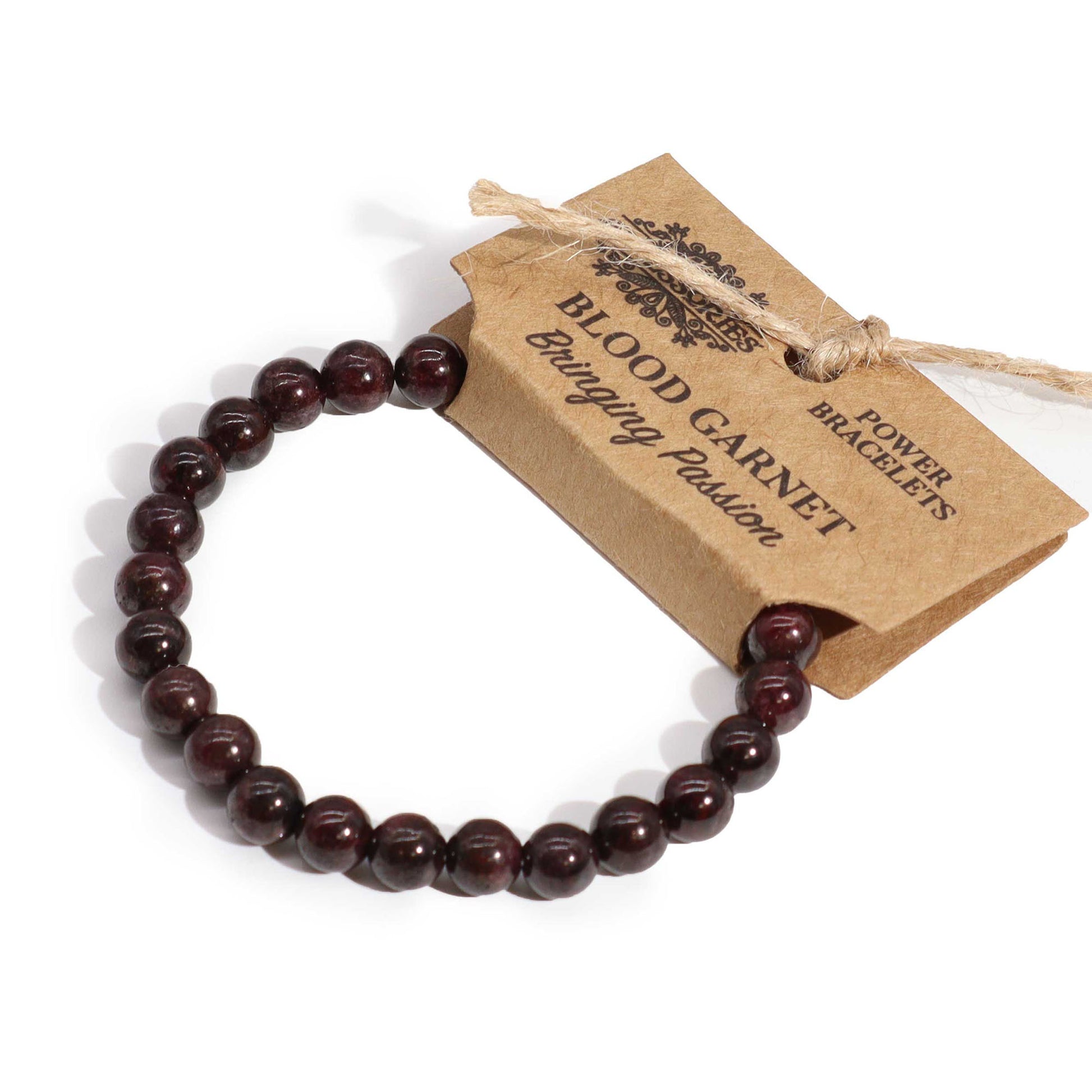 Blood garnet bracelet with a branded tag on a white background