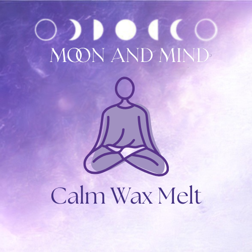 Calm wax melt product with moon phases and meditation icon on a purple gradient background