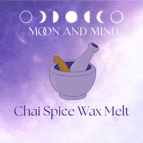 Chai Spice Wax Melt packaging with 'Moon and Mind' branding on a purple background