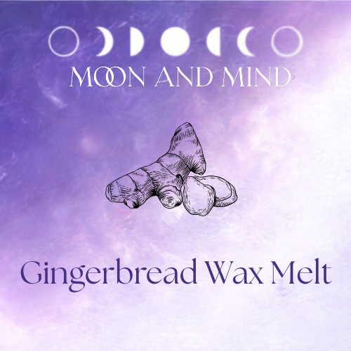 Gingerbread wax melt packaging with 'Moon and Mind' branding on a purple gradient background.