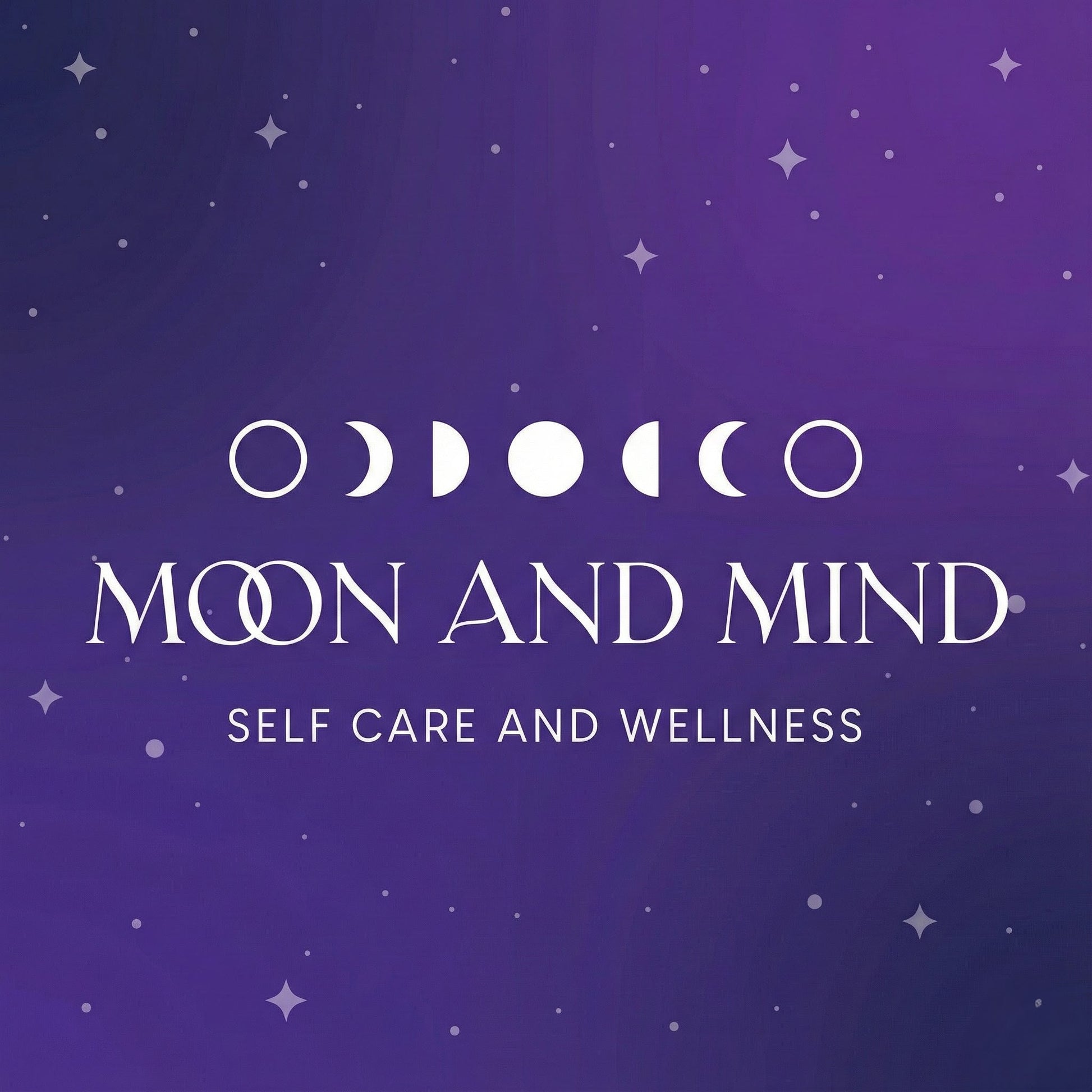 Logo for 'Moon and Mind' self care and wellness on a purple background with star illustrations.