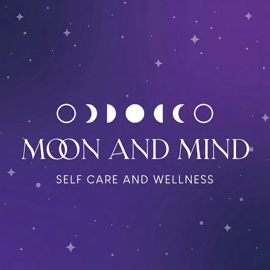 Logo for 'Moon and Mind' self care and wellness on a purple background with star illustrations.