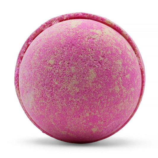 Pink bath bomb with a Yellow speckles on a white background