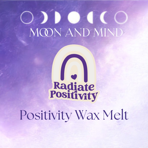 Positivity Wax Melt packaging with 'Moon and Mind' branding on a purple background