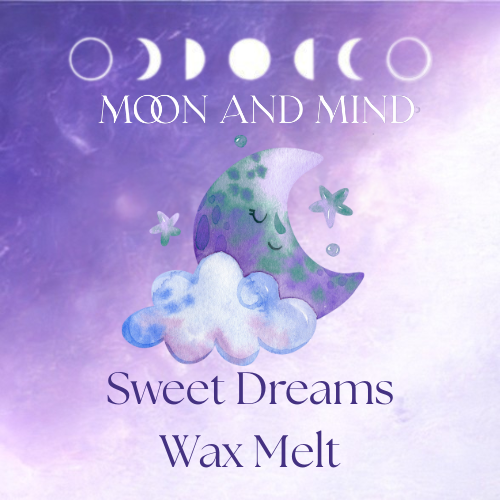 Wax melt packaging with moon phases and 'Moon and Mind' branding on a purple gradient background.
