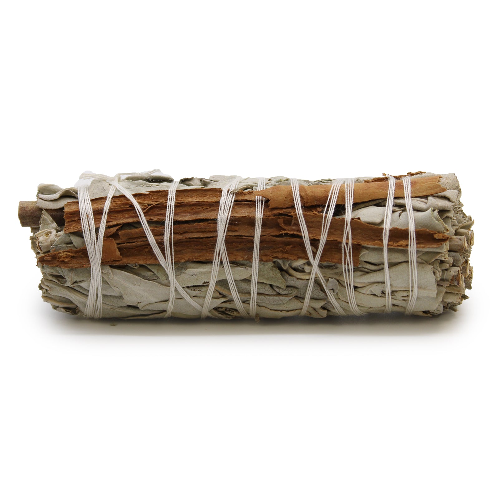 Bundled sage sticks tied with twine on a white background